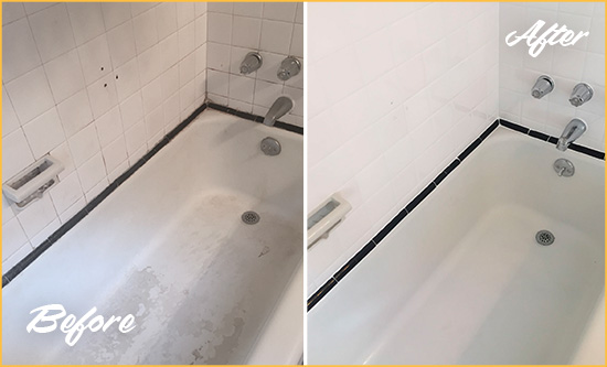 Before and After Picture of a Tub Caulking on the Tub Joints