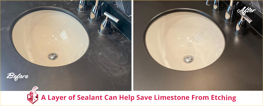 Before and After Picture of a Limestone Countertop Sealing Service