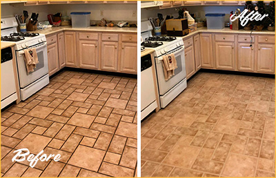 Picture of a Kitchen Floor Before and After Grout Recoloring