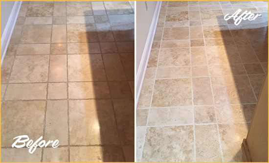 Before and After Picture of a Travertine Kitchen Floor Recolored Grout
