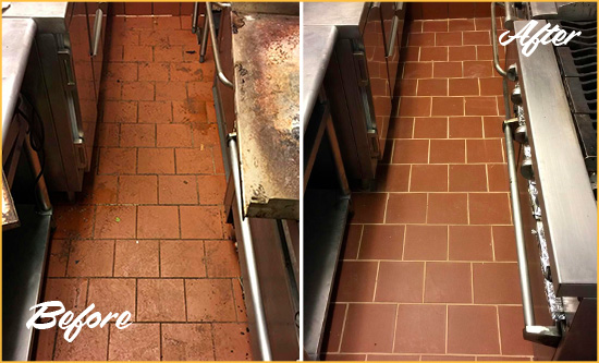Before and After Picture of a Blades Restaurant Kitchen Tile and Grout Cleaned to Eliminate Dirt and Grease Build-Up