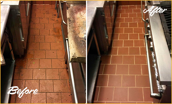 Before and After Picture of a Ellendale Restaurant Kitchen Tile and Grout Cleaned to Eliminate Dirt and Grease Build-Up