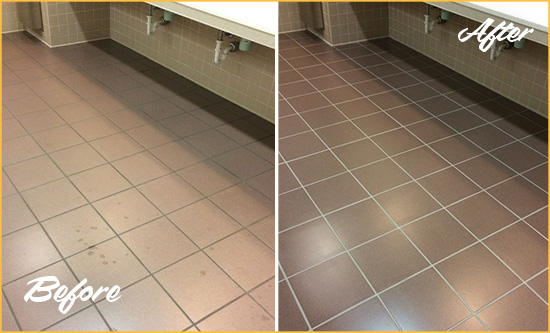 Before and After Picture of a Blades Restrooms Tile and Grout Cleaned to Remove Embedded Dirt
