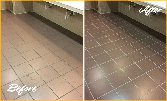 Before and After Picture of a Harbeson Restrooms Tile and Grout Cleaned to Remove Embedded Dirt