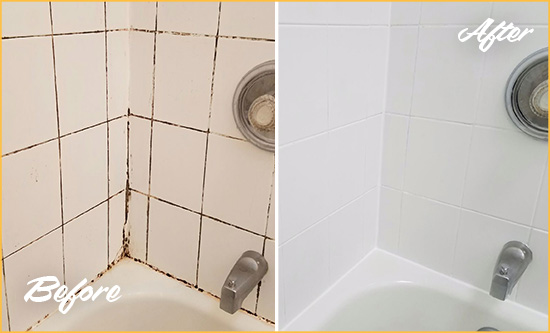 Before and After Picture of a Harrington Shower Tile and Grout Cleaned to Eliminate Mold