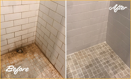 Before and After Picture of a Farmington Shower Tile and Grout Cleaned to Eliminate Mold and Stains