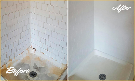 Before and After Picture of a Bowers Shower Tile and Grout Cleaned to Remove Soap Scum