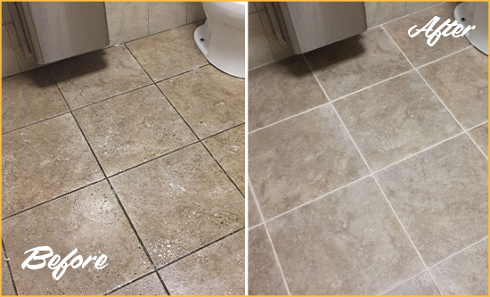 Before and After Picture of a Delmar Restroom Tile and Grout Cleaned to Remove Soil