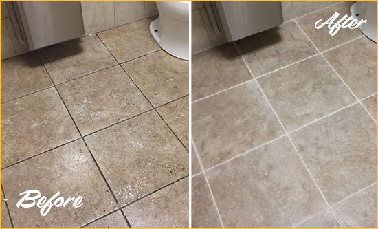 Before and After Picture of a Blades Restroom Tile and Grout Cleaned to Remove Soil