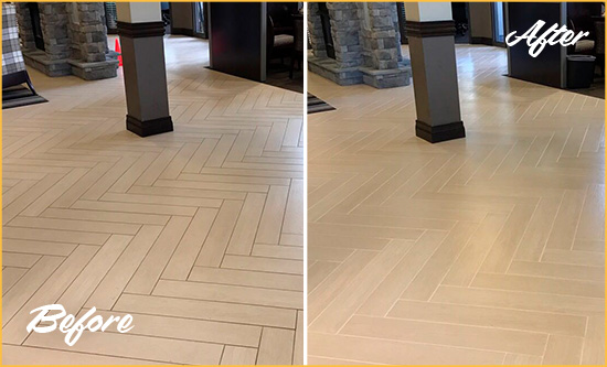 Before and After Picture of a Seaford Office Floor Tile and Grout Cleaned to Remove Stains