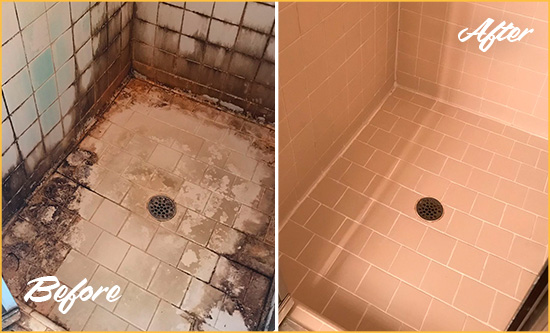 Before and After Picture of a Blades Shower Tile and Grout Cleaned to Repair Water Damage