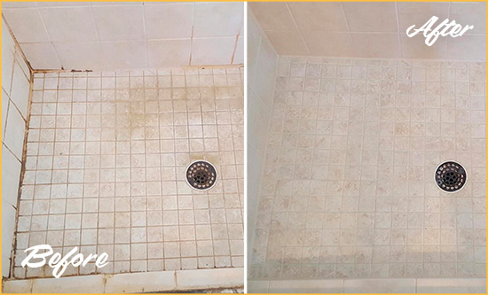 Before and After Picture of a Bowers Shower Caulked to Fix Cracks