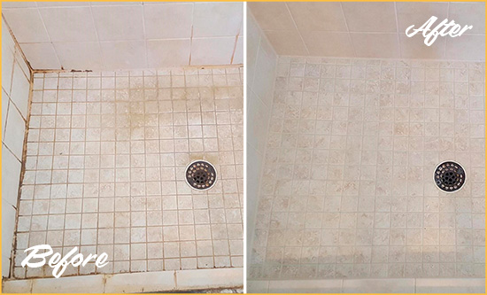 Before and After Picture of a Blades Shower Caulked to Fix Cracks