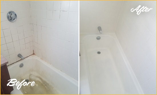 Before and After Picture of a Rehoboth Beach Bathtub Caulked to Repair Cracks