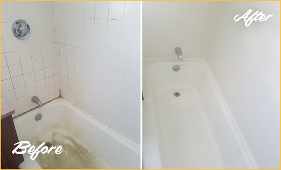 Before and After Picture of a Long Neck Bathtub Caulked to Repair Cracks