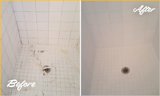 Before and After Picture of a Greenwood Bathroom Re-Caulked To Repair Damaged Caulking