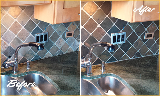 Before and After Picture of a Blades Backsplash Caulked to Fix and Prevent Water Leaks