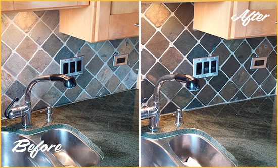 Before and After Picture of a Ocean View Backsplash Caulked to Fix and Prevent Water Leaks