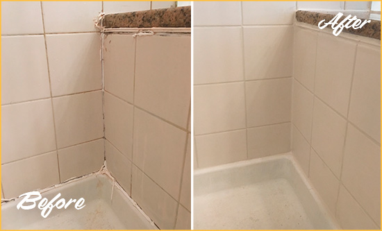 Before and After Picture of a Lewes Shower Caulked to Repair Damaged Caulking