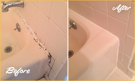 Before and After Picture of a Ocean View Bathroom Sink Caulked to Fix a DIY Proyect Gone Wrong