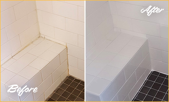 Before and After Picture of a Greenwood Shower Seat Caulked to Protect Against Mold and Mildew Growth