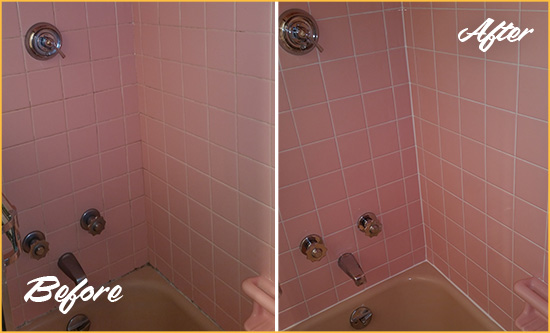 Before and After Picture of a Dewey Beach Bathtub Caulked to Eliminate Mold