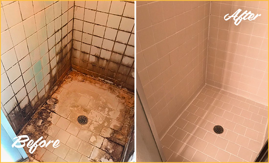 Before and After Picture of a Millville Shower Caulked to Fix and Prevent Water Damage