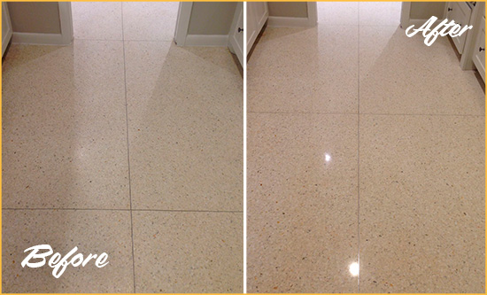 Before and After Picture of a Blades Granite Stone Floor Polished to Repair Dullness