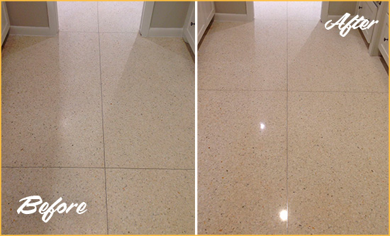 Before and After Picture of a Frankford Granite Stone Floor Polished to Repair Dullness