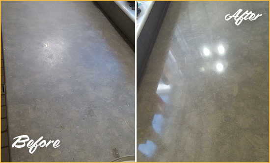 Before and After Picture of a Dull Dover Limestone Countertop Polished to Recover Its Color