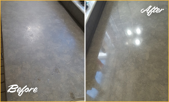 Before and After Picture of a Dull Nassau Limestone Countertop Polished to Recover Its Color