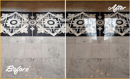 Before and After Picture of a Nassau Marble Stone Floor Polished to a Mirror Shine