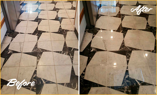 Before and After Picture of a Dull Millville Marble Stone Floor Polished To Recover Its Luster