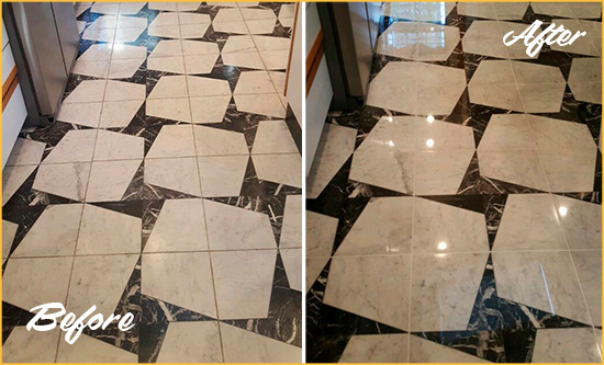 Before and After Picture of a Dull Dagsboro Marble Stone Floor Polished To Recover Its Luster