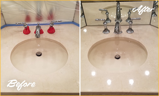 Before and After Picture of a Dull Dagsboro Marble Stone Vanity Top Polished to Bring-Back Its Sheen