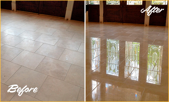 Before and After Picture of a Dull Millsboro Travertine Stone Floor Polished to Recover Its Gloss