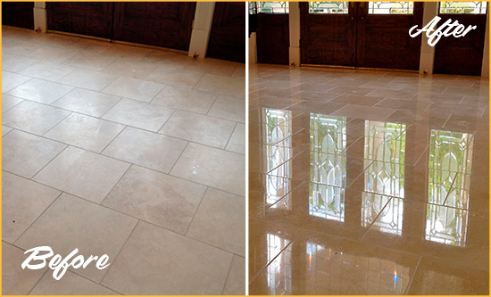 Before and After Picture of a Dull Frankford Travertine Stone Floor Polished to Recover Its Gloss