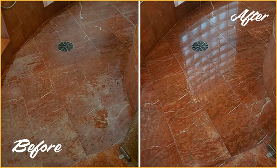 Before and After Picture of a Frankford Marble Stone Shower Polished to Eliminate Mineral Deposits