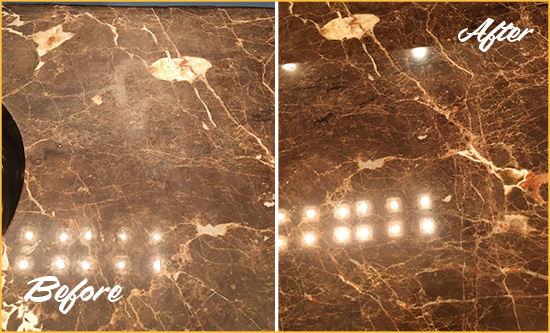 Before and After Picture of a Henlopen Acres Marble Stone Countertop Polished to Eliminate Stains