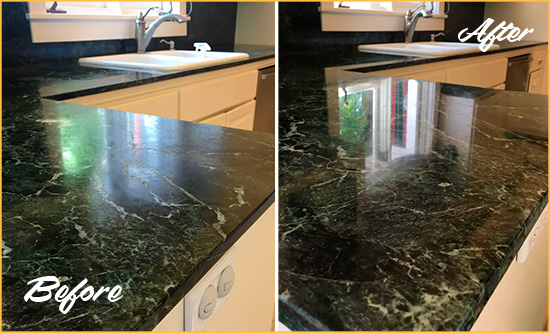 Before and After Picture of a Laurel Marble Stone Counter Polished to Eliminate Water Marks