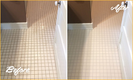 Before and After Picture of a Blades Bathroom Floor Sealed to Protect Against Liquids and Foot Traffic