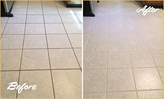 Before and After Picture of a Long Neck Kitchen Ceramic Floor Sealed to Protect From Dirt and Spills