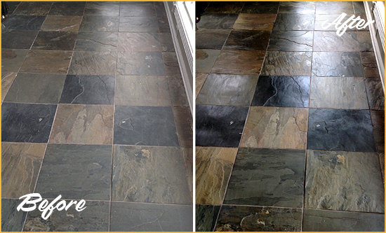 Before and After Picture of a Dull Dover Slate Floor Sealed to Bring Back Its Colors