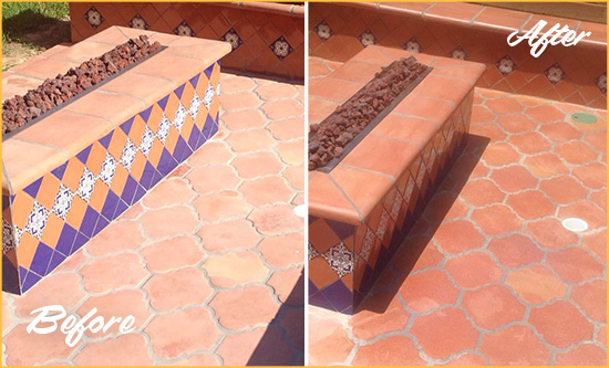 Before and After Picture of a Dull Greenwood Terracotta Patio Floor Sealed For UV Protection