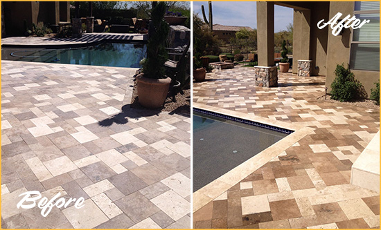 Before and After Picture of a Faded Greenwood Travertine Pool Deck Sealed For Extra Protection
