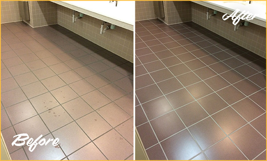 Before and After Picture of a Blades Restroom Sealed to Help Protect Against Scratches