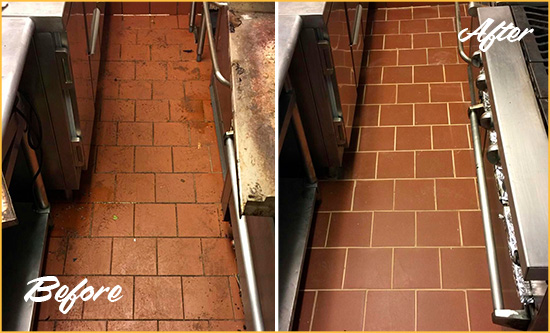 Before and After Picture of a Frederica Restaurant Kitchen Floor Sealed to Remove Soil