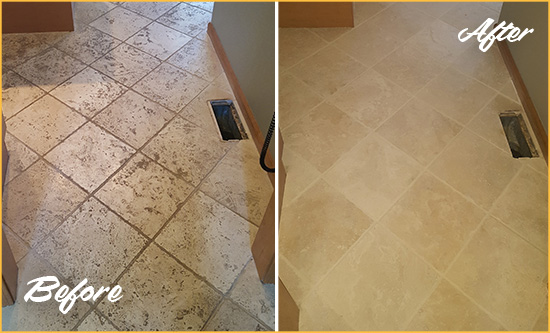 Before and After Picture of a Blades Kitchen Marble Floor Cleaned to Remove Embedded Dirt