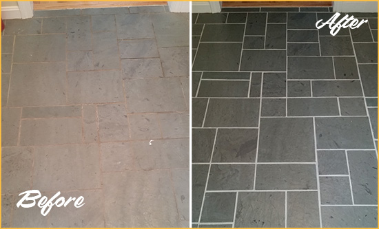 Before and After Picture of a Frederica Slate Floor Cleaned to Remove Deep-Seated Dirt