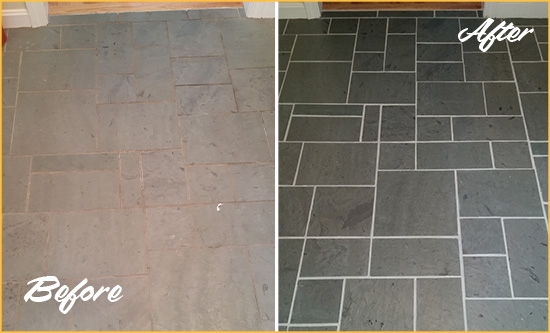 Before and After Picture of a Lewes Slate Floor Cleaned to Remove Deep-Seated Dirt